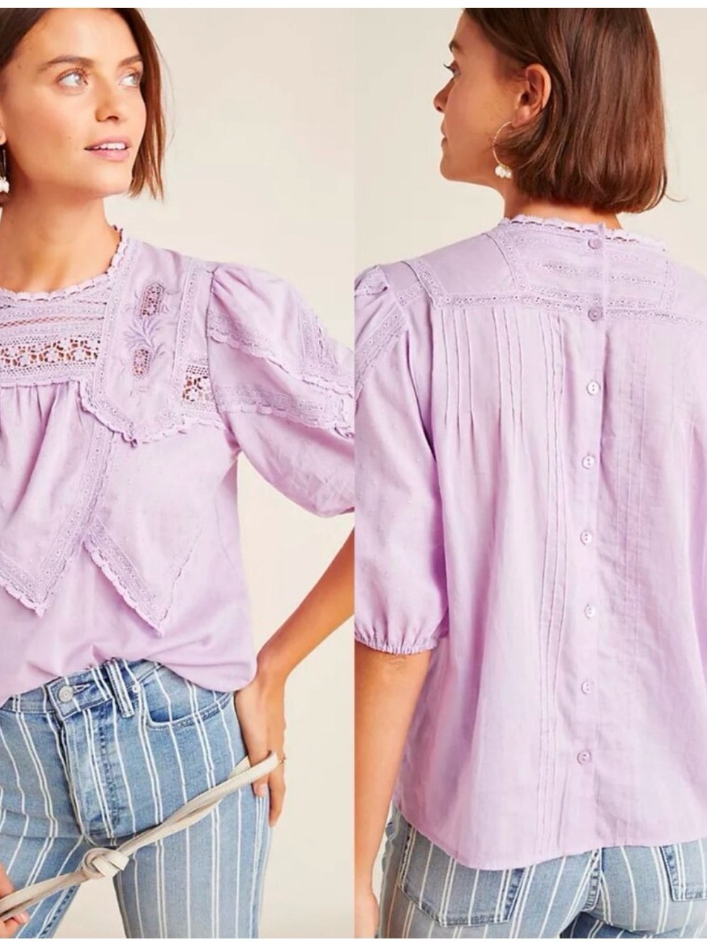 Anthropologie Lace-Trim Puff Sleeve Top - Lavender